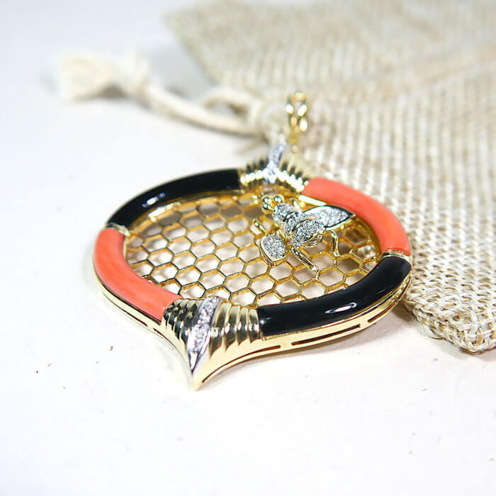 14k Yellow Gold Honey Bee on Honeycomb Pendant with Coral, Black Onyx, and Diamond Gemstones