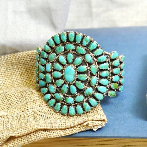 Native American Navajo Flower Cluster Cuff Bracelet with Turquoise Stones by Bernard Bonney