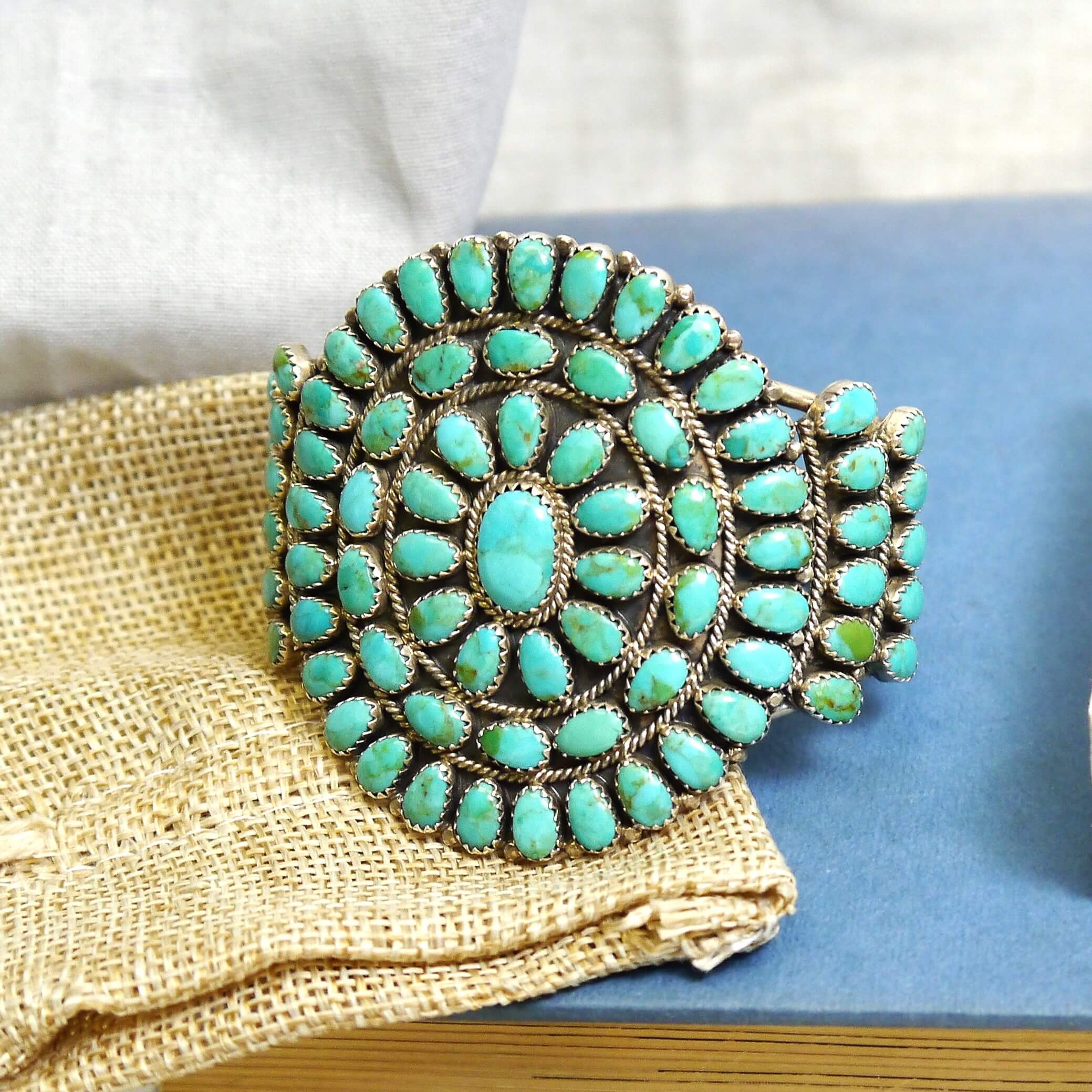 Native American Navajo Flower Cluster Cuff Bracelet with Turquoise Stones by Bernard Bonney