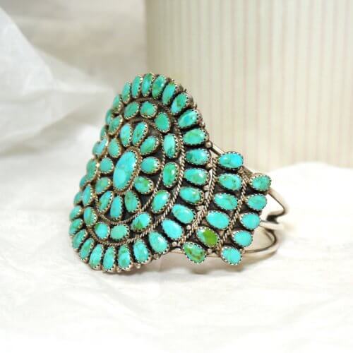 Native American Navajo Flower Cluster Cuff Bracelet with Turquoise Stones by Bernard Bonney