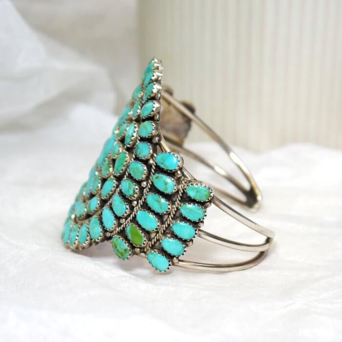 Native American Navajo Flower Cluster Cuff Bracelet with Turquoise Stones by Bernard Bonney