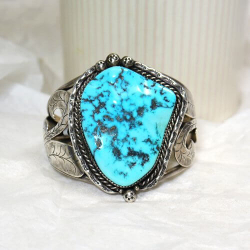 Large Native American Navajo Kingman Turquoise Cuff Bracelet Signed "TJ"