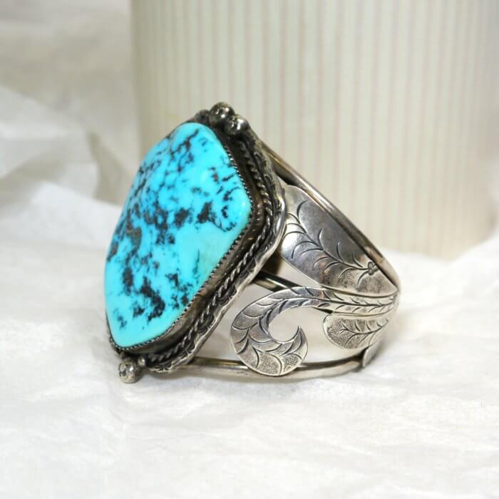 Large Native American Navajo Kingman Turquoise Cuff Bracelet Signed "TJ"