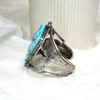 Large Native American Navajo Kingman Turquoise Cuff Bracelet Signed "TJ"