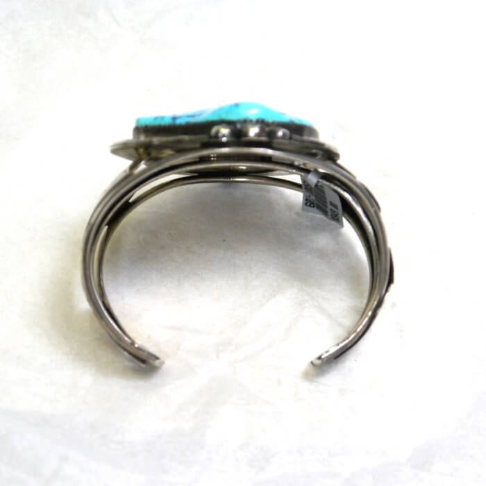 Large Native American Navajo Kingman Turquoise Cuff Bracelet Signed "TJ"