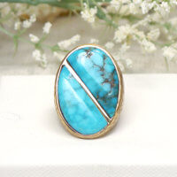 Large Split Oval Turquoise Stone in Solid 14k Yellow Gold Hammered Men's Ring