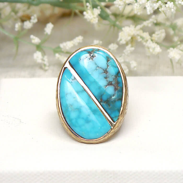 Large Split Oval Turquoise Stone in Solid 14k Yellow Gold Hammered Men's Ring