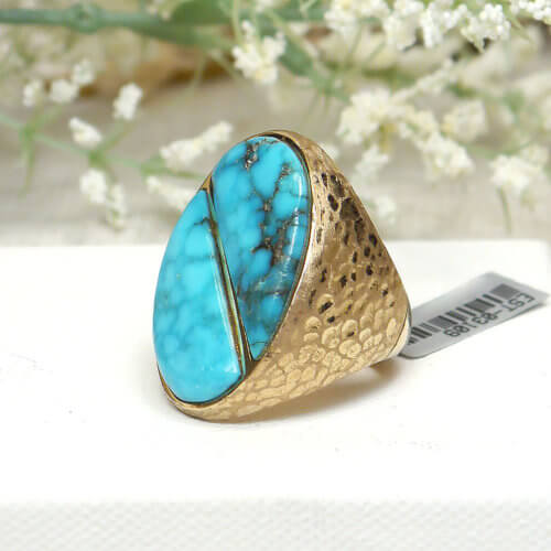 Large Split Oval Turquoise Stone in Hefty Solid 14k Yellow Gold Hammered Ring