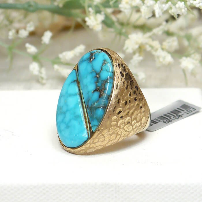 Large Split Oval Turquoise Stone in Hefty Solid 14k Yellow Gold Hammered Ring