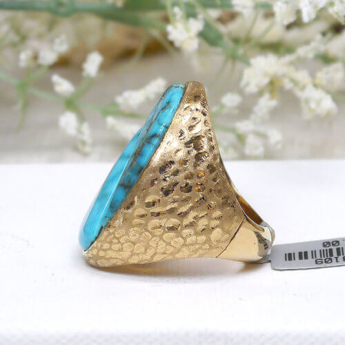 Large Split Oval Turquoise Stone in Hefty Solid 14k Yellow Gold Hammered Ring