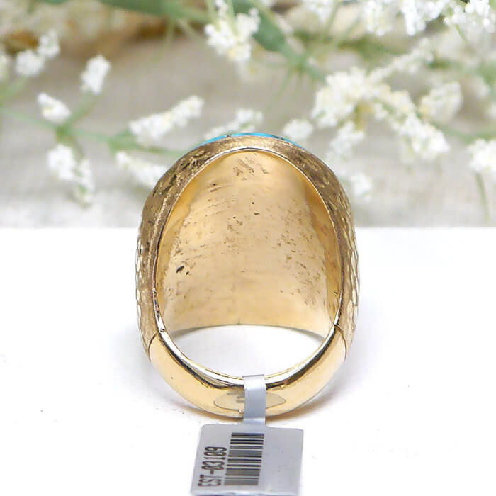 Large Split Oval Turquoise Stone in Hefty Solid 14k Yellow Gold Hammered Ring