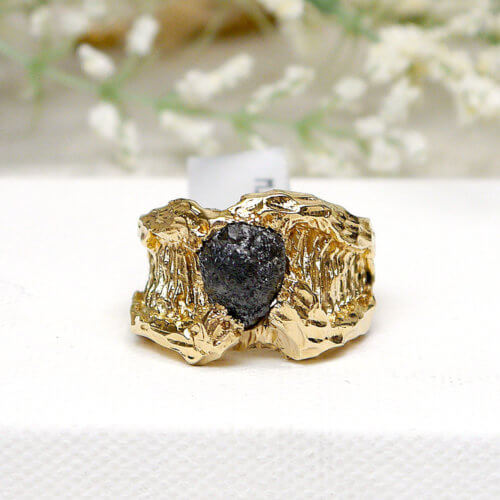 Rough Raw Uncut Black Diamond set in 14k Yellow Gold Men's Ring