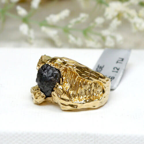 Rough Raw Uncut Black Diamond set in 14k Yellow Gold Men's Ring