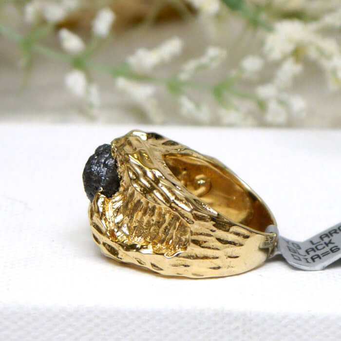 Rough Raw Uncut Black Diamond set in 14k Yellow Gold Men's Ring