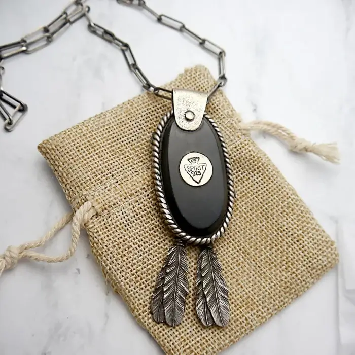 Elk w Feathers Pendant & Handmade Chain Necklace, Made by SPIRIT 925