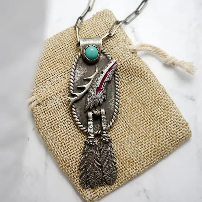 Elk w Feathers Pendant & Handmade Chain Necklace, Made by SPIRIT 925