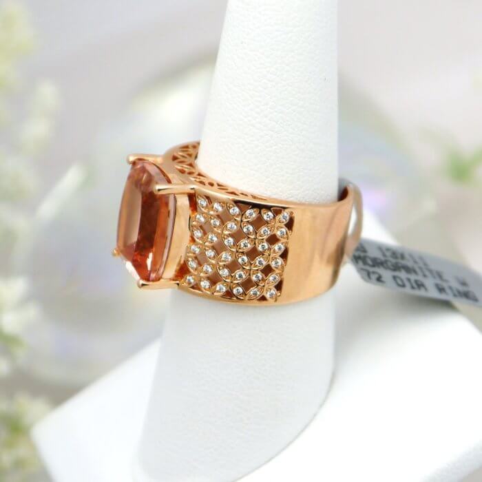 14k Rose Gold Cushion Cut Morganite and Diamond Wide Band Ring