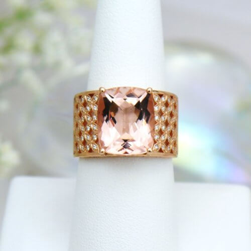 14k Rose Gold Cushion Cut Morganite and Diamond Wide Band Ring