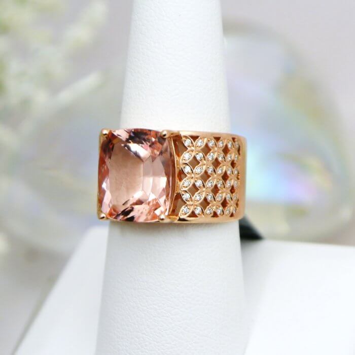 14k Rose Gold Cushion Cut Morganite and Diamond Wide Band Ring