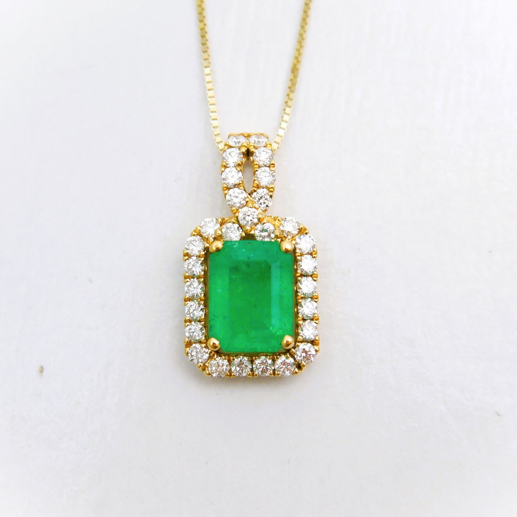 14K Yellow Gold Emerald Cut Emerald and Diamond Pendant