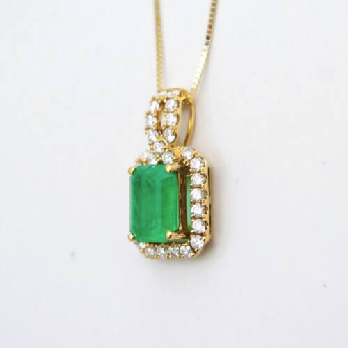 14K Yellow Gold Emerald Cut Emerald and Diamond Pendant