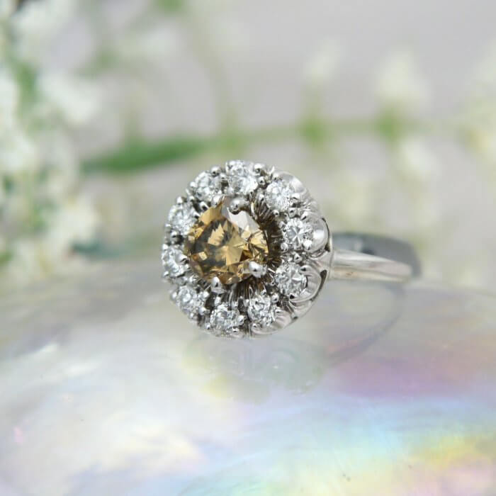 Natural Chocolate Diamond and Diamond Halo Ring on 14k White Gold