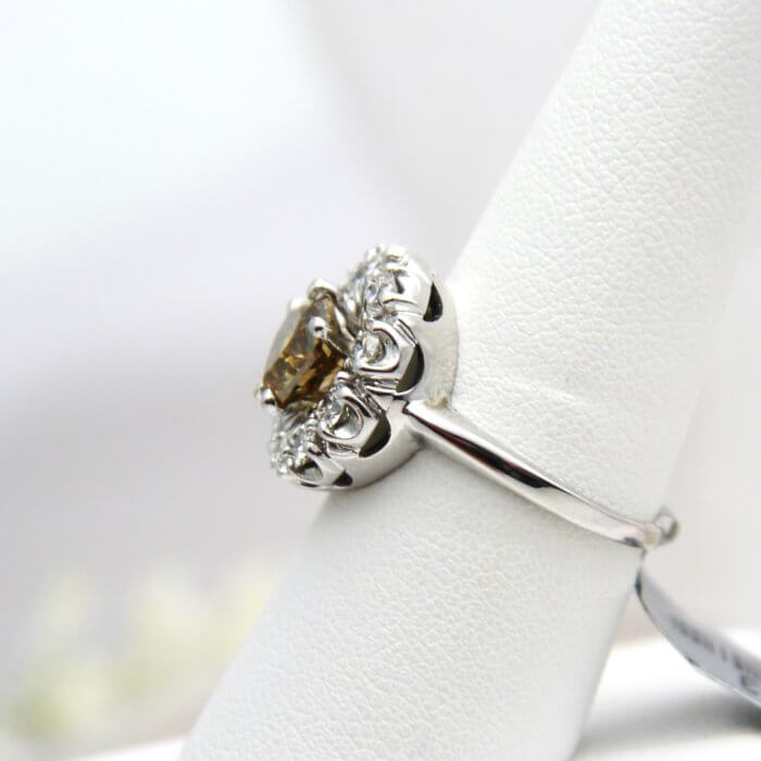 Natural Chocolate Diamond and Diamond Halo Ring on 14k White Gold