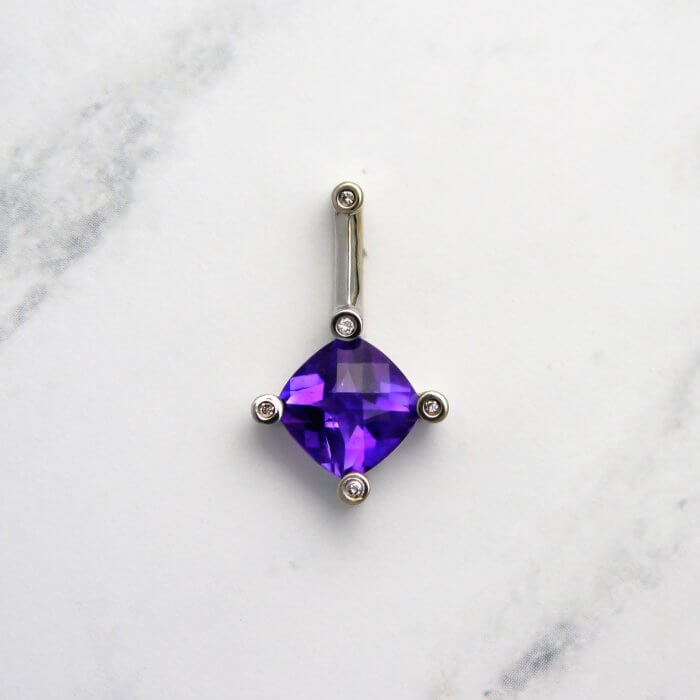 Cushion Cut Amethyst and Diamond Pendant in 14k White Gold