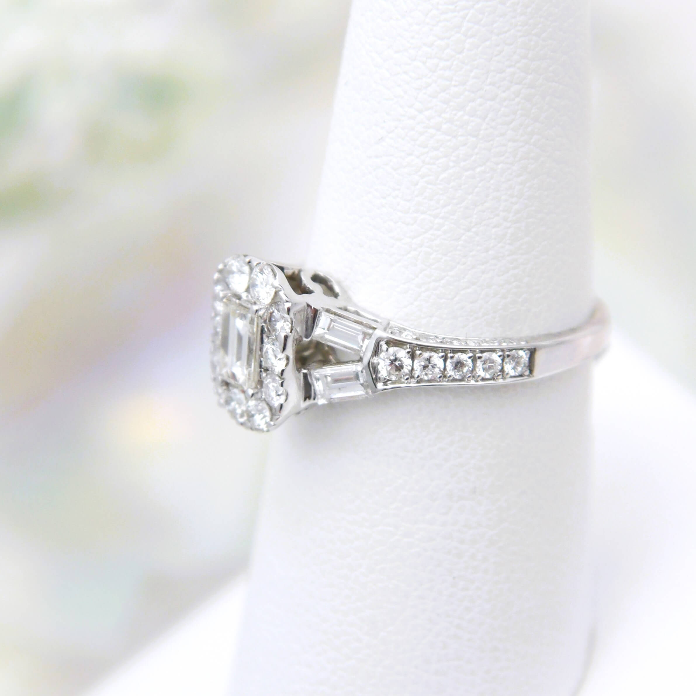 18k (1.44 ct) Emerald Cut Diamond and Diamond Halo Engagement Ring in White Gold