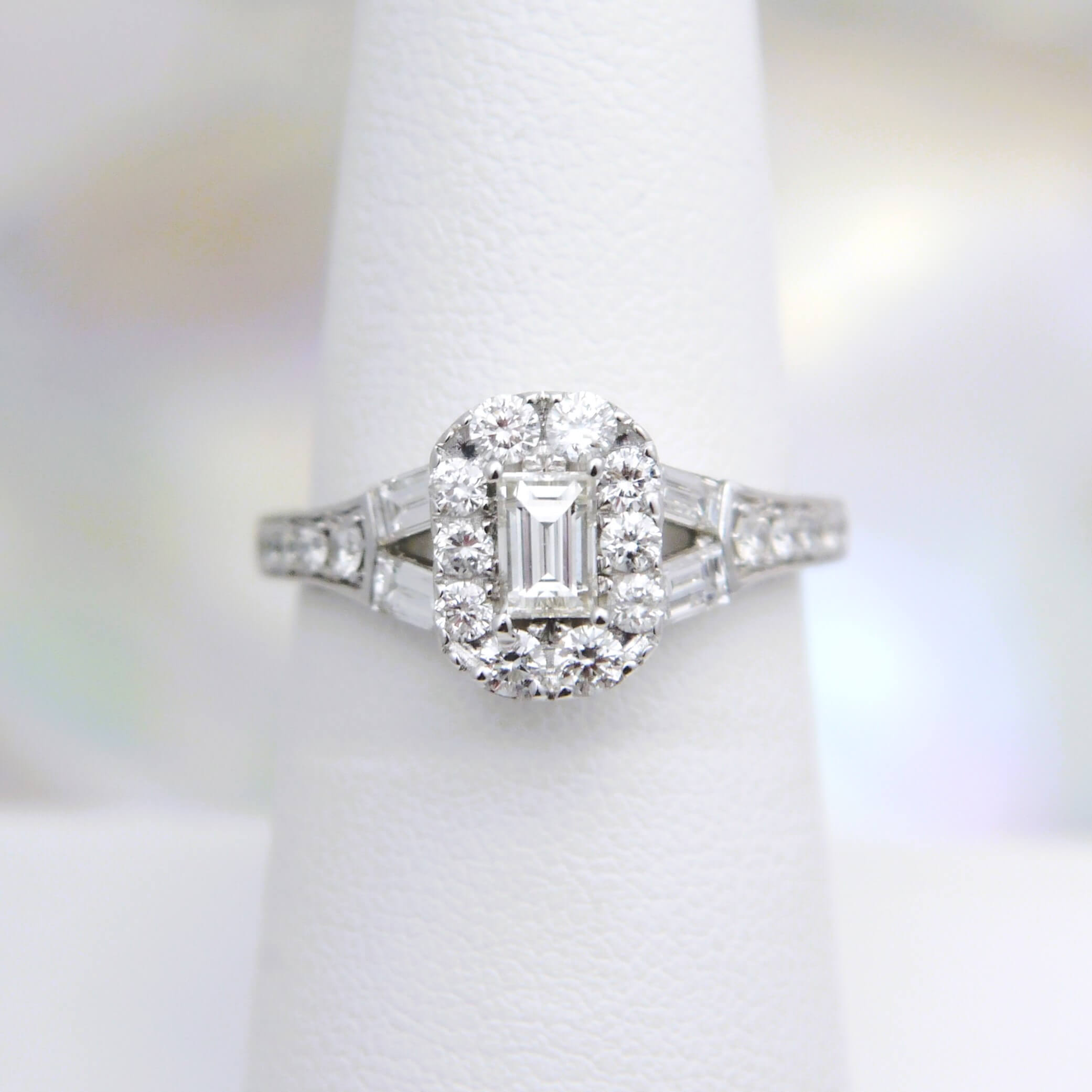 18k (1.44 ct) Emerald Cut Diamond and Diamond Halo Engagement Ring in White Gold