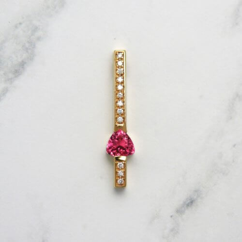 Trillion Cut Pink Tourmaline Gemstone & Diamond Bar Pendant in Yellow Gold