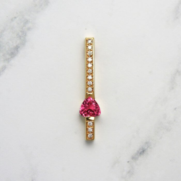 Trillion Cut Pink Tourmaline Gemstone & Diamond Bar Pendant in Yellow Gold