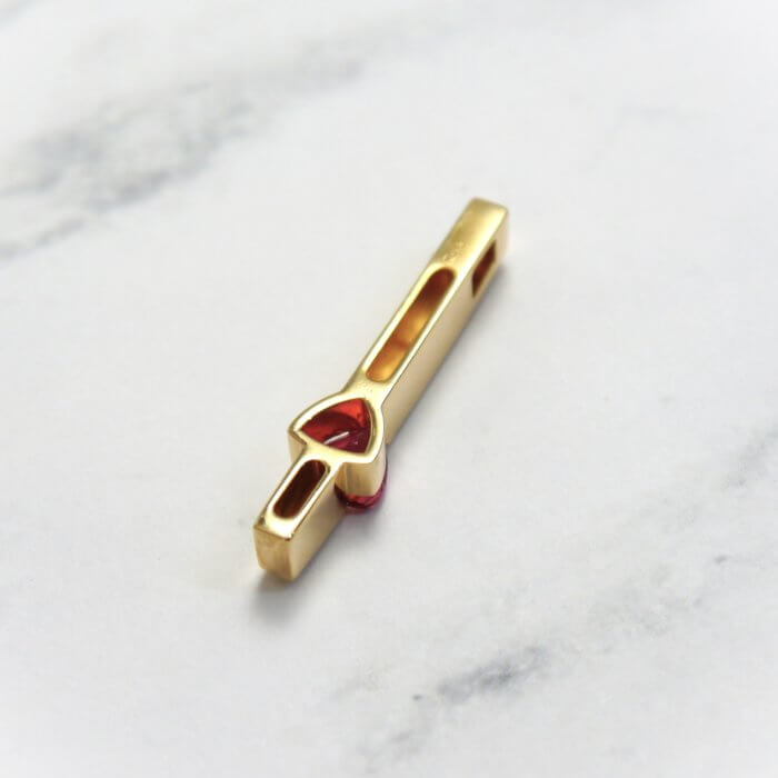 Trillion Cut Pink Tourmaline Gemstone & Diamond Bar Pendant in Yellow Gold