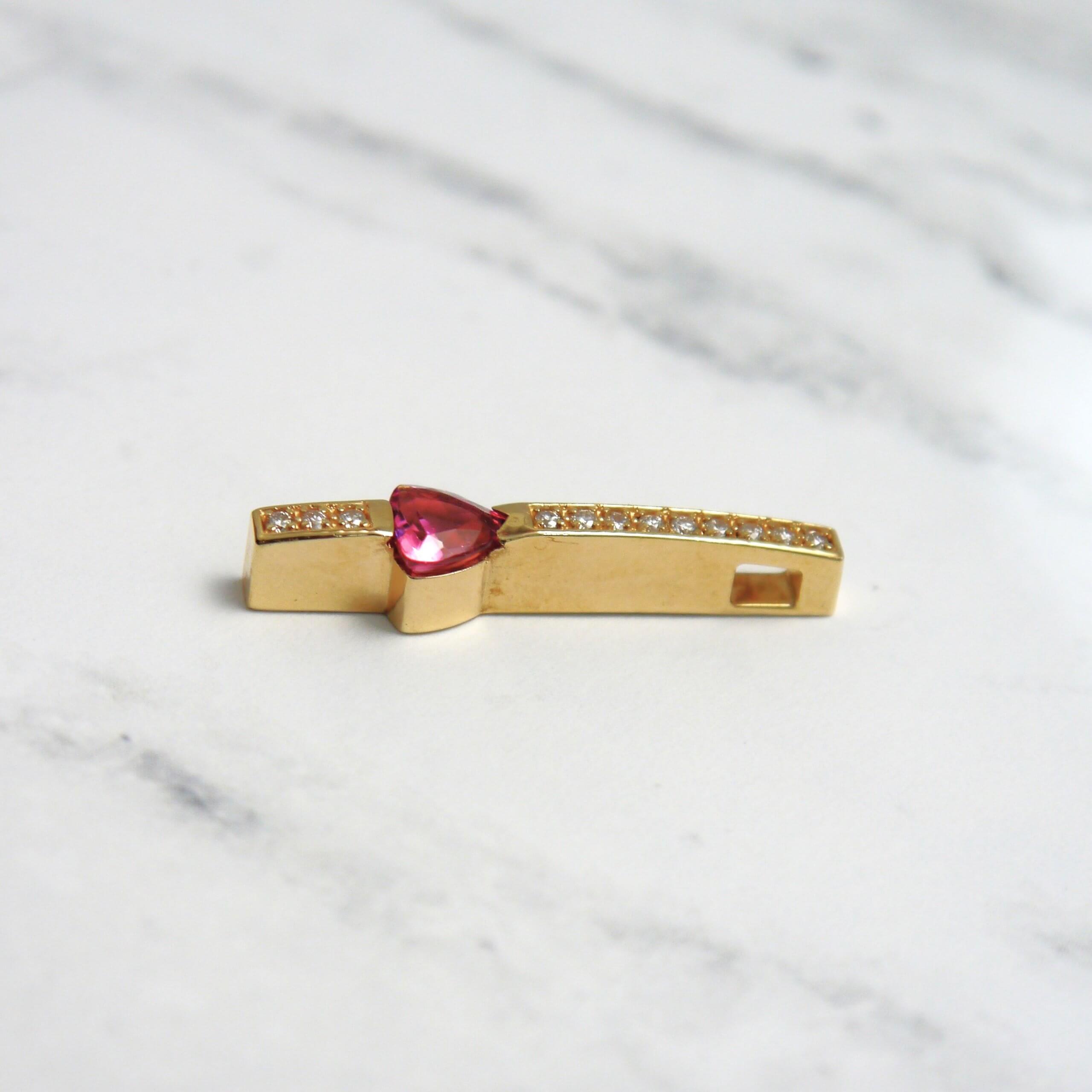 Trillion Cut Pink Tourmaline Gemstone & Diamond Bar Pendant in Yellow Gold