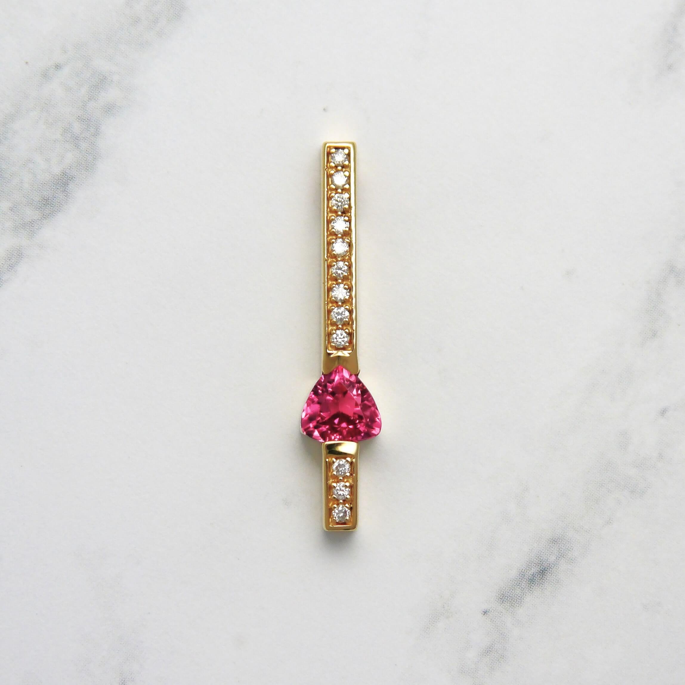 Trillion Cut Pink Tourmaline Gemstone & Diamond Bar Pendant in Yellow Gold