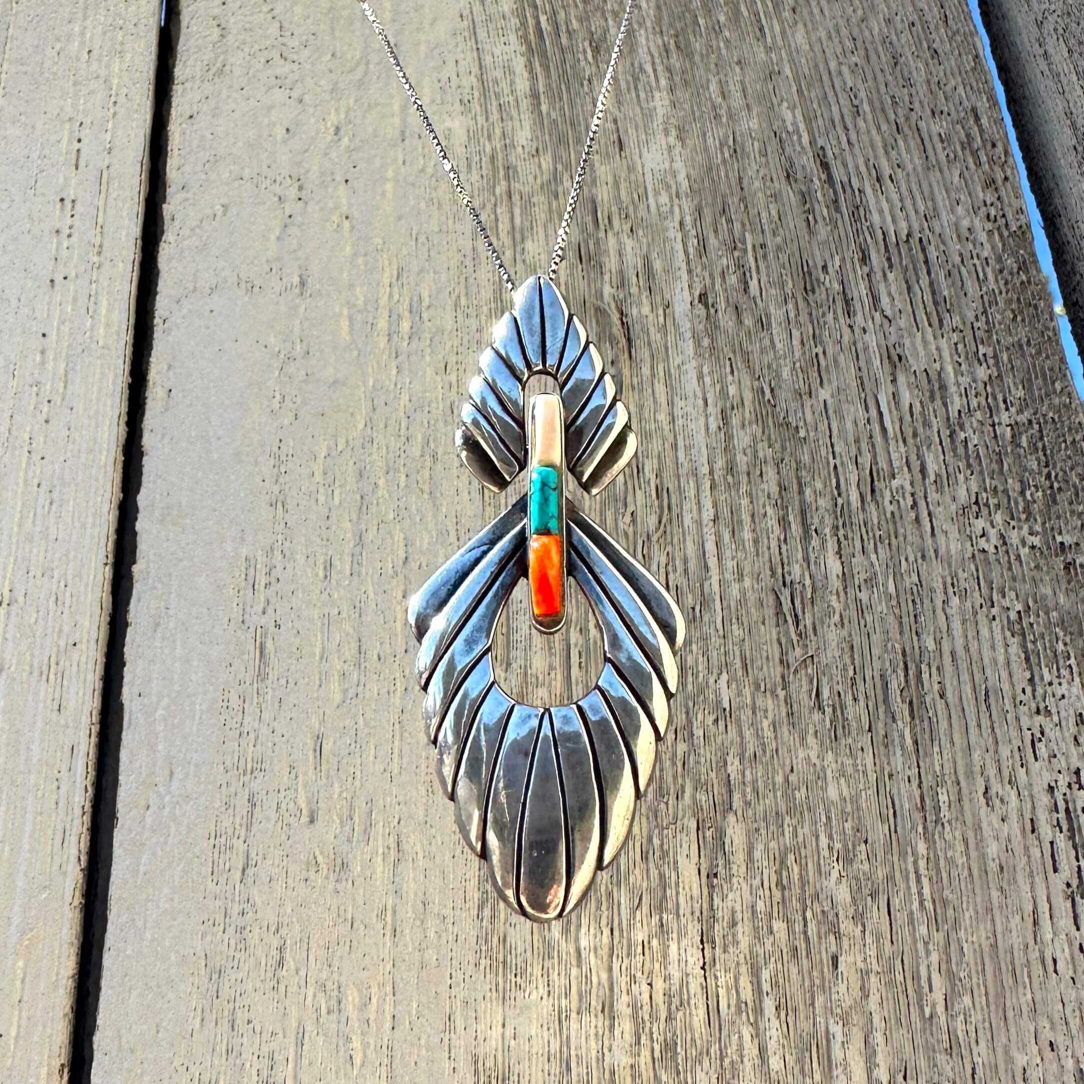 Native Sterling Silver Necklace Signed by ChaRay w/ White Coral, Turquoise, and Spiny Oyster Gemstones