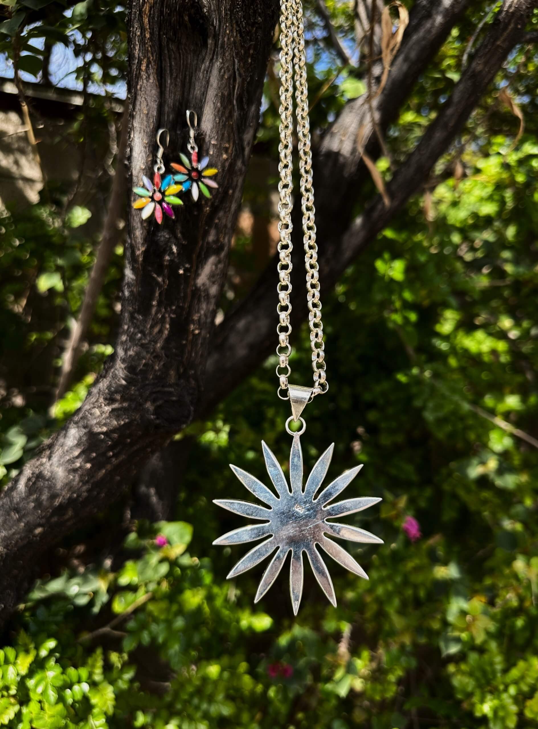 Large Mexican Rainbow Daisy Flower Pendant in Sterling Silver