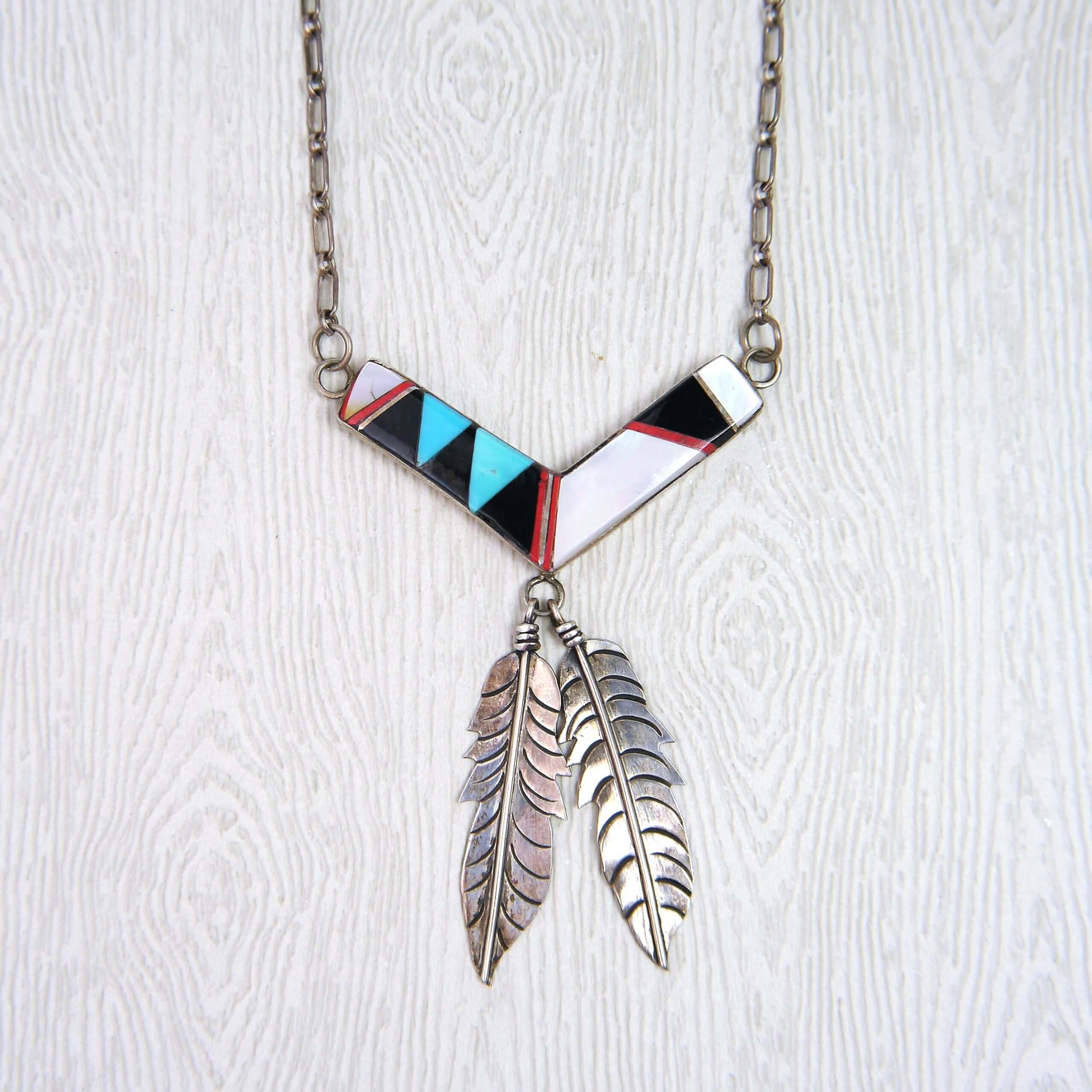 Zuni Sterling Silver and Multi Inlay Stone Necklace w/ Chain