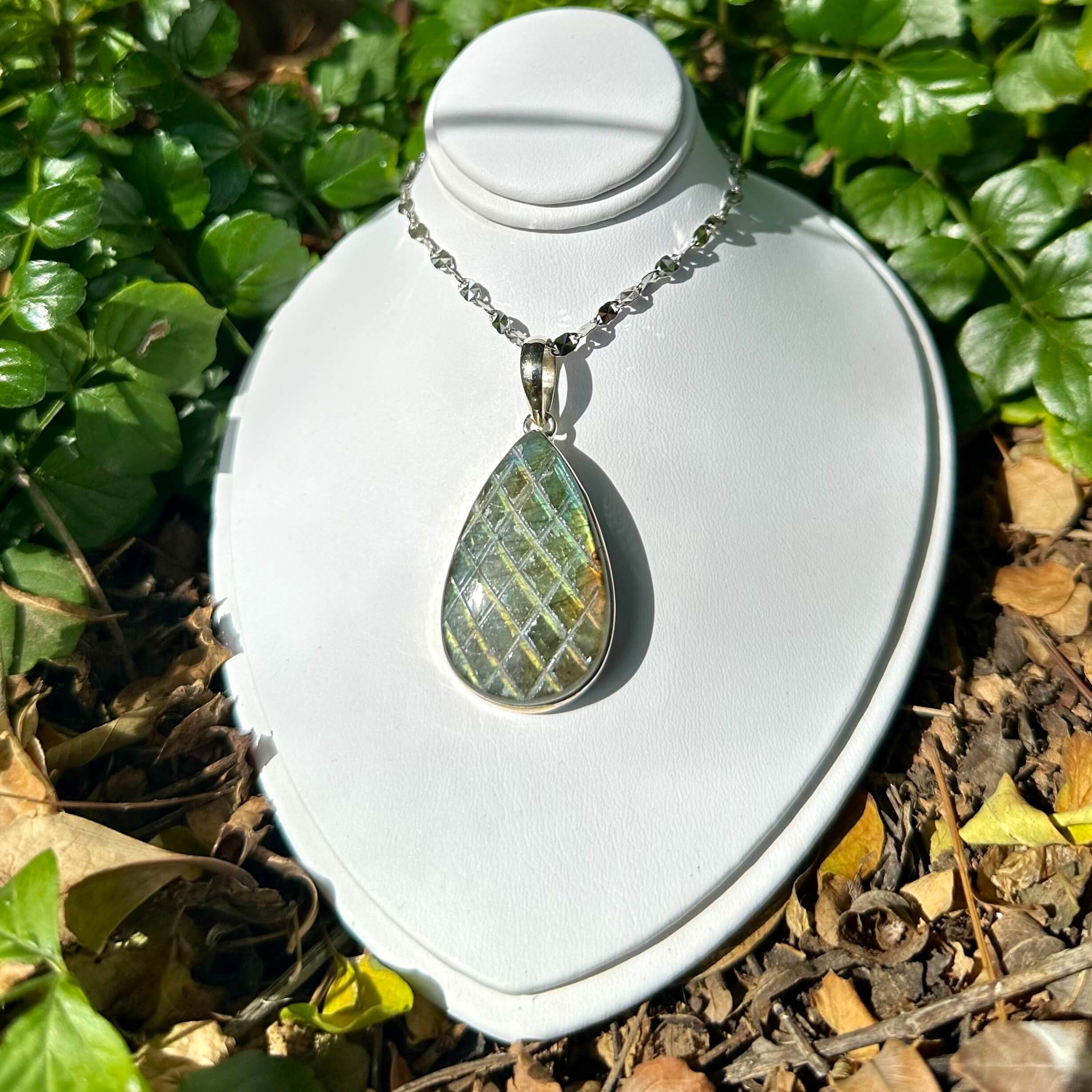 Checkerboard Cut Pear Shaped Labradorite Pendant in Sterling Silver