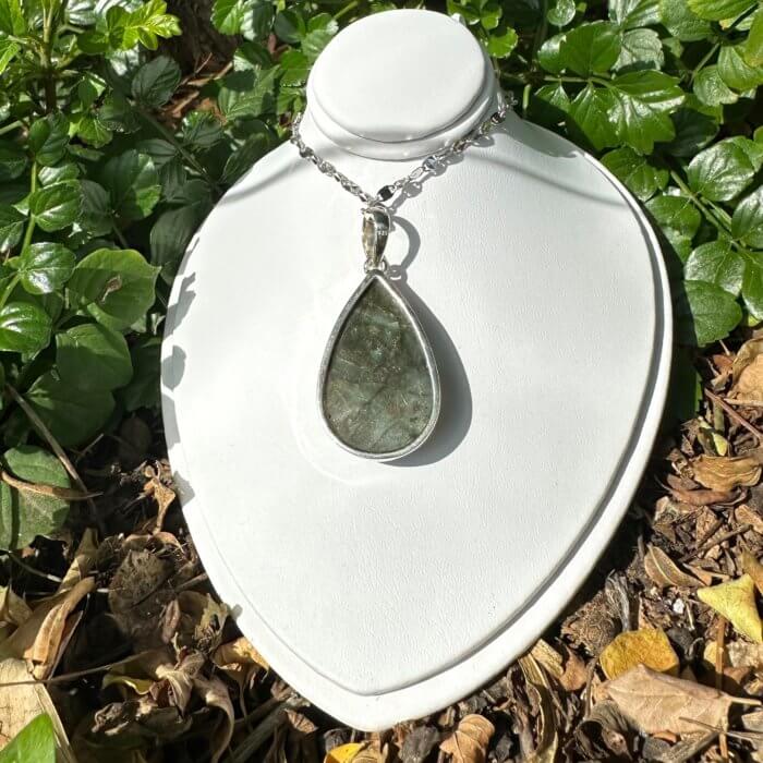 Checkerboard Cut Pear Shaped Labradorite Pendant in Sterling Silver