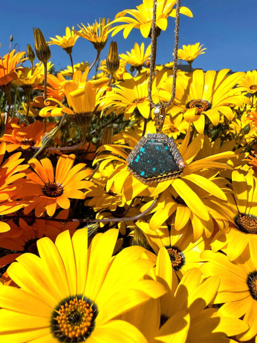 Pentagonal Shape of Natural Gem High Grade Turquoise and Black Micro Spiderweb with Diamond Pendant in 14k Yellow Gold