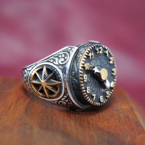 Men's Movable Clock Ring in Sterling Silver and Brass