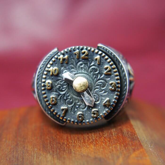 Men's Movable Clock Ring in Sterling Silver and Brass