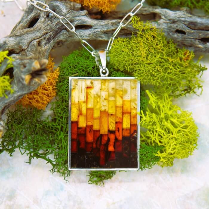 Mosaic Multi-Color Amber Sterling Silver Pendant