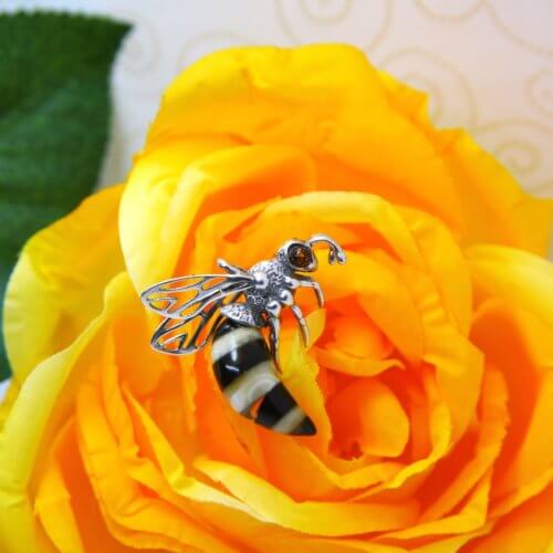 Natural 3D Wasp/Hornet Multi-Color Amber Pendant in Sterling Silver
