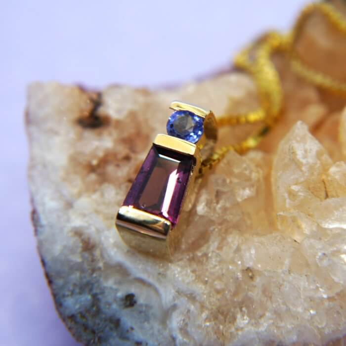 Rhodolite Garnet and Tanzanite Gemstone Pendant in 14k Yellow Gold