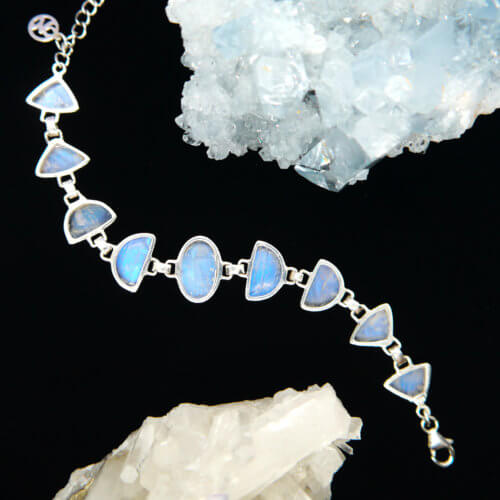 Nine Stone Cabochon Moonstone Gemstone Bracelet in Sterling Silver