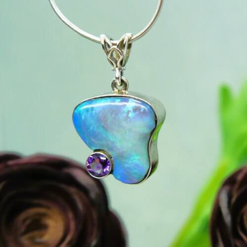 Custom Boulder Opal and Arizona Amethyst Pendant in 14k White Gold