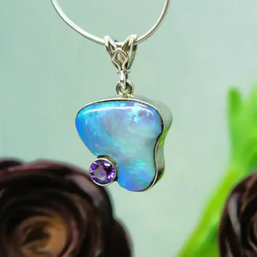 Custom Boulder Opal and Arizona Amethyst Pendant in 14k White Gold