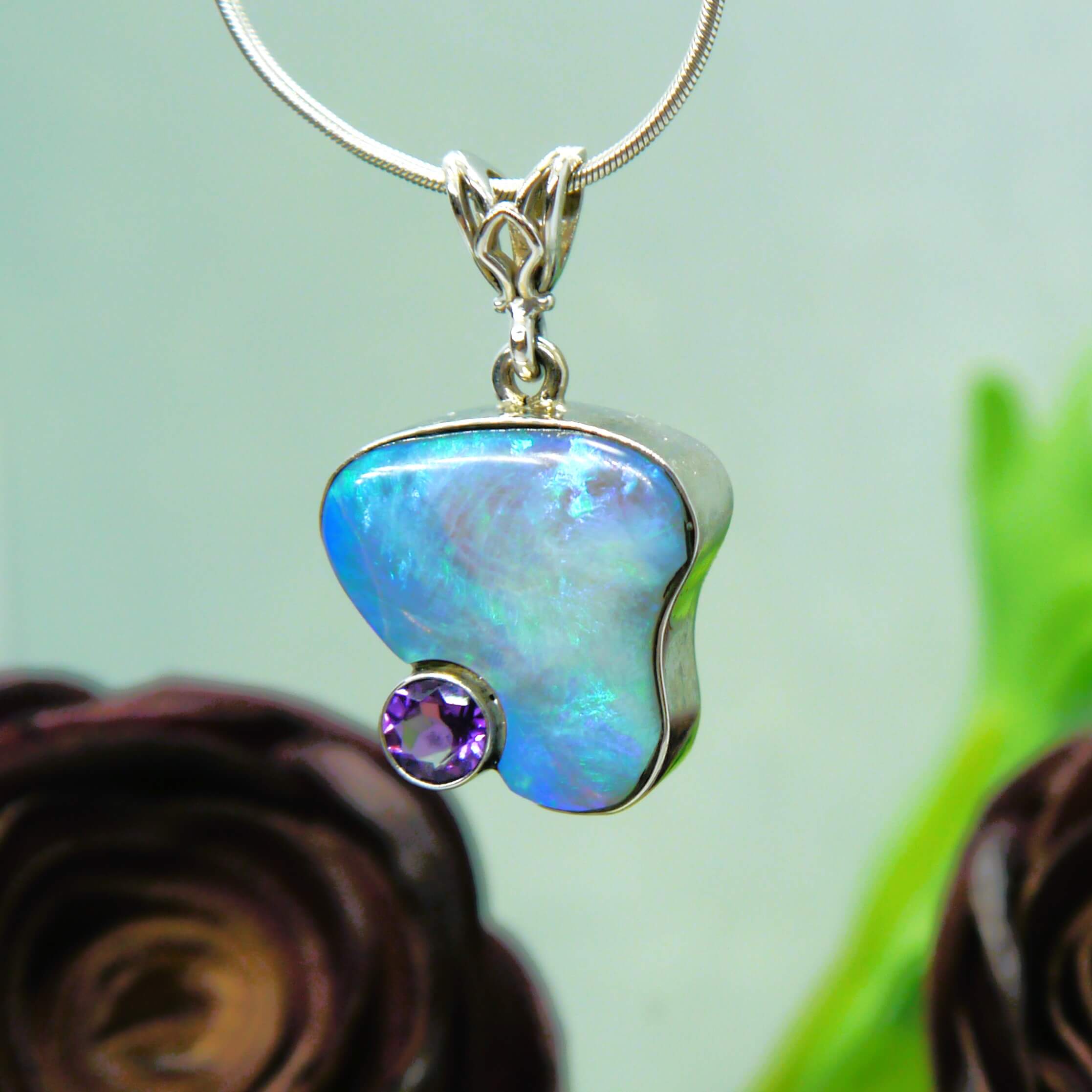 Custom Boulder Opal and Arizona Amethyst Pendant in 14k White Gold